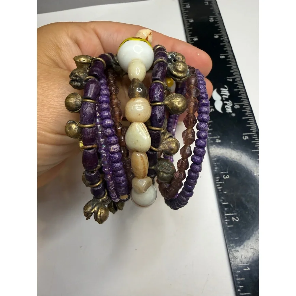 Boho Multi Strand Stretch Bracelet Purple Beads Brass Bells Stackable Set